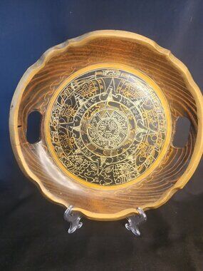 Vintage Aztec Sun Stone Calendar Decorative Wooden Serving Tray Gold Edge